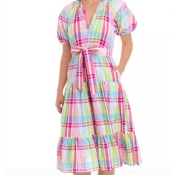 Pink and Blue Plaid Puff Sleeve Midi Sundress - Picture 1 of 4